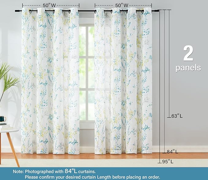 Branch Semi Sheers Curtains Living-Room 84inch Long Yellow Teal Watercolor Print Tree Curtain Drapes for Bedroom Linen Textured Look Privacy White Sheer Window Panels for Dining Grommet Top 2pcs