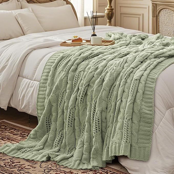 Amélie Home Chunky Knit Throw Blanket, Dual-Sided Soft Chenille Breathable Cable Knitted Blanket for Couch, Farmhouse Decorative Throw for Sofa & Chair, 50"x60", Sage Green