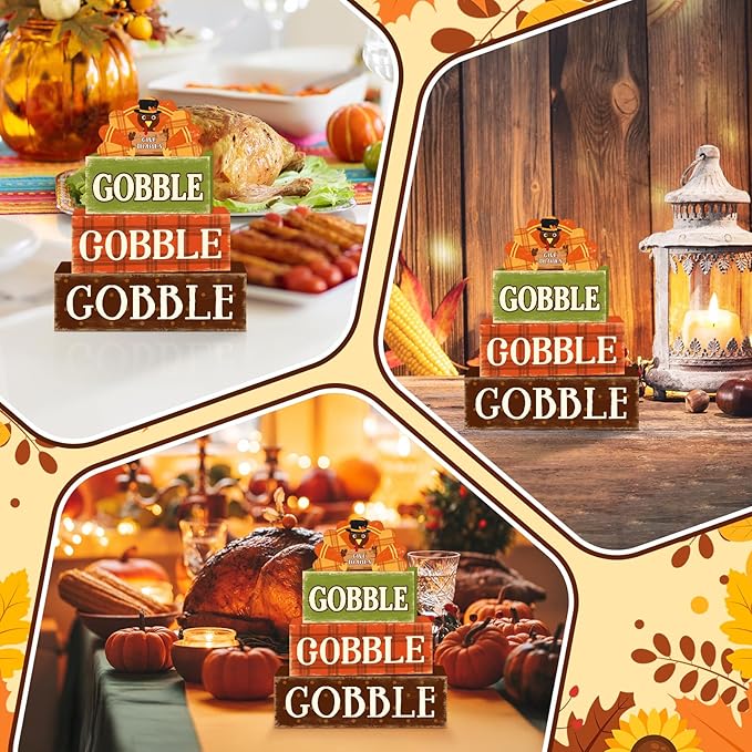 4 Pcs Fall Decorations for Home Thanksgiving Turkey Tiered Tray Decor, Fall Table Decor Farmhouse Rustic Wooden Turkey Block Sign Autumn Harvest Tabletop Centerpieces for Home Kitchen Indoor