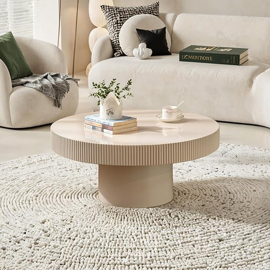 Modern Wood Coffee Table - Handcraft Drum Coffee Tables with Sturdy Base, Easy Assembly, Contemporary Style Small Coffee Table Tea Table for Living Room, Bedroom, Office (White Thin)