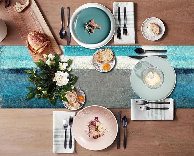 Emvency Farmhouse Table Runner, Modern Teal and Grey Abstract Art Painting for Kitchen Coffee Table Family Dinners Holiday Parties Wedding Events Decor(13x72 inch)