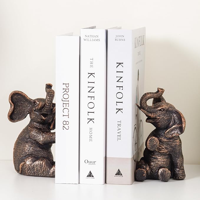 Decorative Vintage Elephant Bookends with Non-Slip Padding for Shelves to Hold Books - Heavy Duty Resin Book Holders for Bookshelf Decor, Home, Office, Living Room – 4” L x 4” W x 7”H