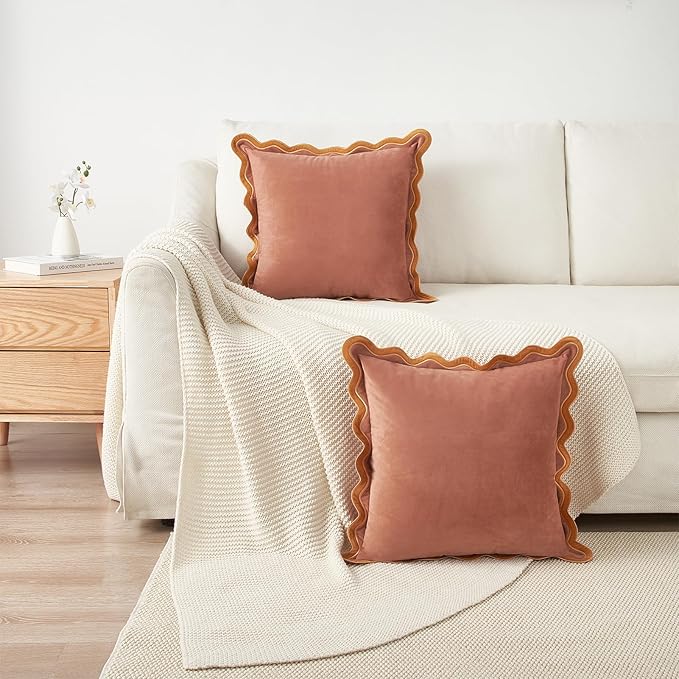 MONDAY MOOSE Decorative Throw Pillow Covers Cushion Cases, Set of 2 Soft Velvet Scalloped Wavy Edge Designs, Mix and Match for Home Decor, Pillow Inserts Not Included (Honey/Pink, 18x18 inch)