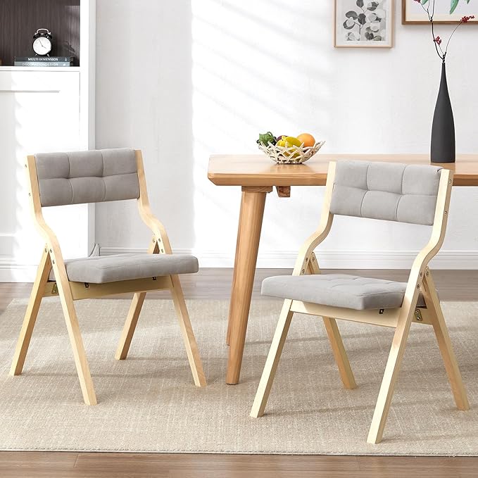 2-Pack Folding Dining Chairs with Cushion,Padded Foldable Dining Chairs,Portable Wooden Folding Chairs for Dining Rooms Kitchen Wedding and Party Indoor LIGHTGREY