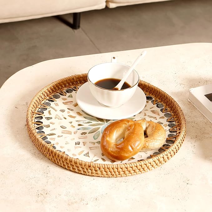 Round Rattan Tray with Mother of Pearl Inlay & Wooden Base - Decorative Wicker Serving Tray for Coffee/Bread/Fruits, Food Storage & Display - Multipurpose Home Decor (M,Blue Shells)