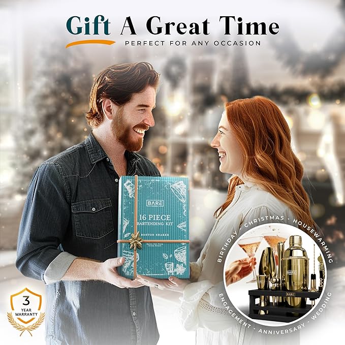 BARE BARREL® Mixology Bartender Kit Bar Set | 16-Piece Cocktail Shaker Set | Martini Barware Mixing Tools for Home Bartending | Incl. 35 Recipe Cards | Gift Set (24oz Cobbler Shaker, Gold/Black)