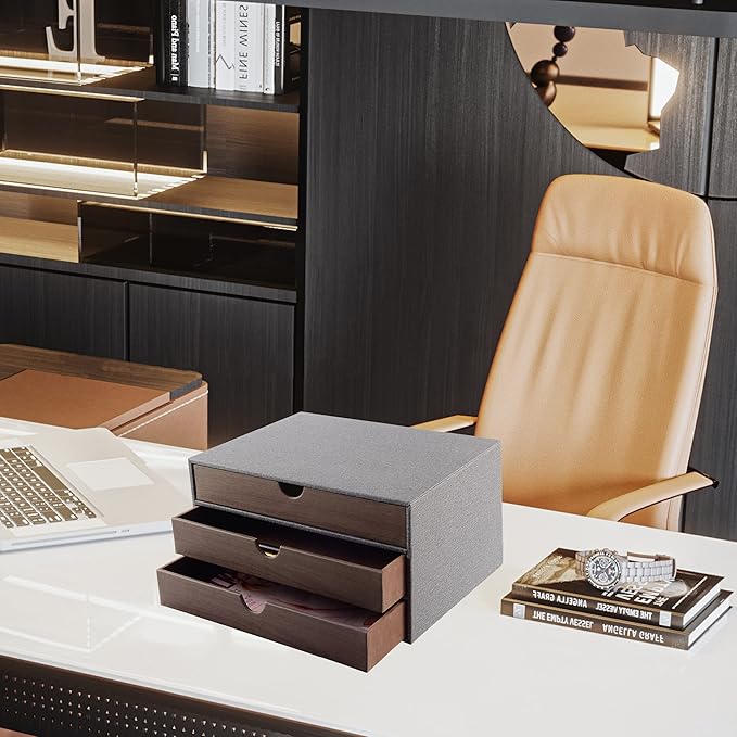 Cloth-effect Faux Leather Desk Organizer File Cabinet Executive Office Supplies Desktop Filing A4 Contract Document Stackable Storage Box with 3 Drawers (Grey)
