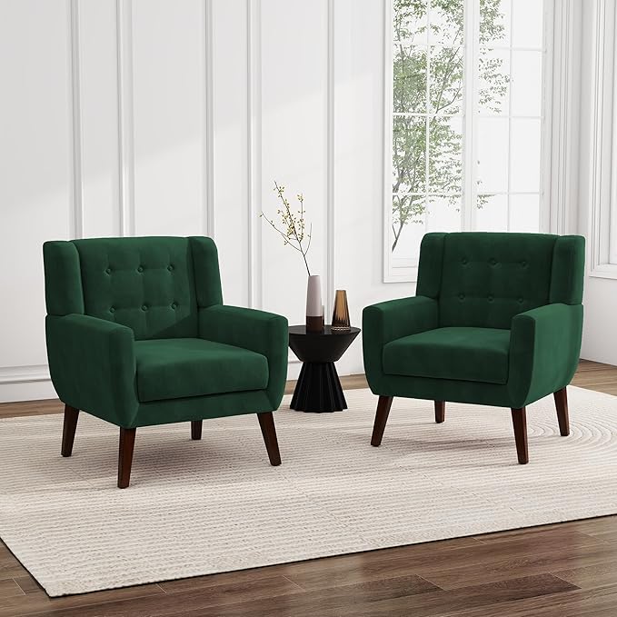 UIXE Velvet Accent Chairs Set of 2, Modern Arm Chair Upholstered Living Room Armchair, Comfy Button Tufted Reading Seat Bedroom Side Sitting, Retro Green