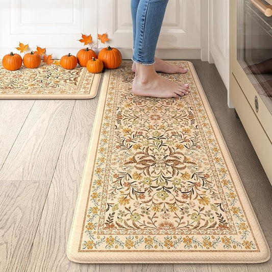 Collive Kitchen Mats for Floor, Cushioned Anti Fatigue Mat Non Skid Waterproof Kitchen Rugs Set of 2, Fall Orange Floral Comfort Standing Rug for Sink, Laundry, Home Decor, 17"x29"+17"x47"