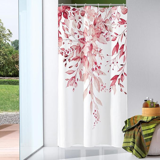 Gibelle Small Stall Shower Curtain 36 x 72, Narrow Half Pink Floral for Bathroom, Watercolor Plant Eucalyptus Leaves Fabric Set With Hooks