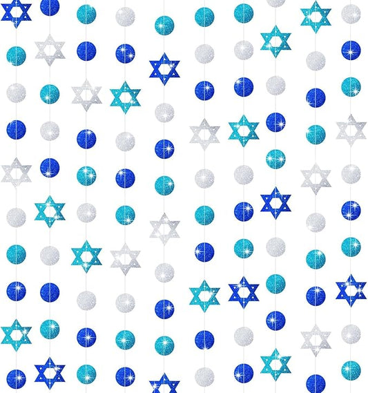 MARFOREVER Hanukkah Decorations Hanging Swirls 5 PCS 41 Ft Chanukah Decorations Glitter Blue White Star of David Streamers Hanukkah Garland for Jewish Party Home Wall Ceiling Decor
