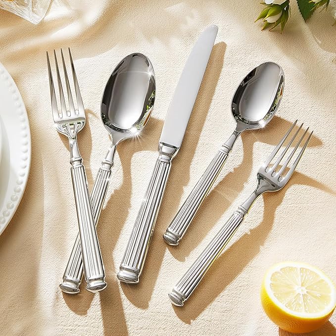 KINGSTONE Silverware Set, 10-Piece 18/10 Stainless Steel Flatware Set - Roman Column Embossed Thick Handle, for Wedding, Home, Restaurant, Kitchen and Party, Mirror Polish & Dishwasher Safe