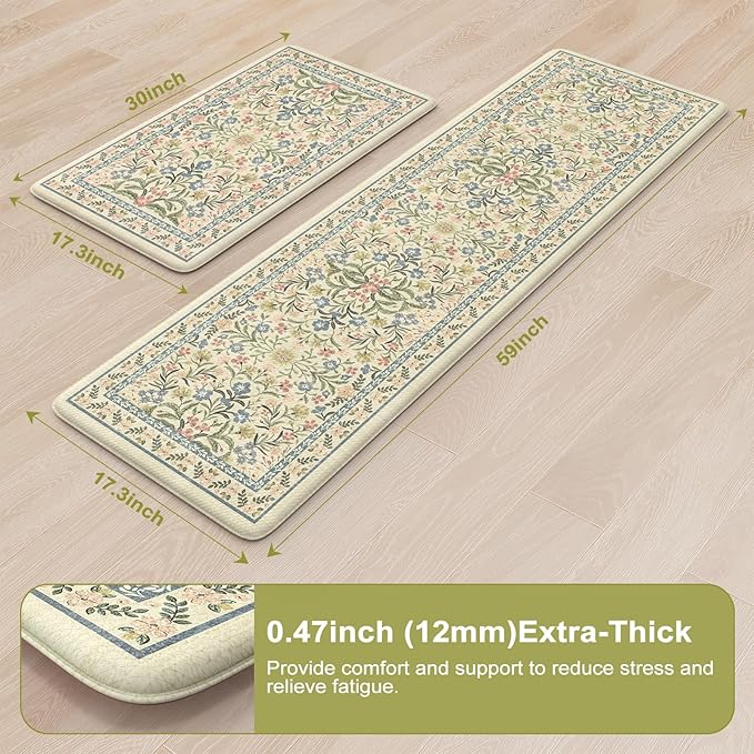 Collive Kitchen Mats for Floor, Cushioned Anti Fatigue Mat Non Skid Waterproof Kitchen Rugs Set of 2, Beige Vintage Comfort Standing Desk Rug for Office, Sink, Laundry, 17"x30"+17"x59"