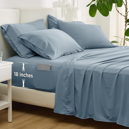Bedsure Deep Pocket King Sheet Set - 6 Piece, Prewashed Ultra-Soft King Size Sheets Set, Fits Mattresses Up to 18 Inches Thick, Breathable & Secure Fit, Hotel Luxury Bedding, Mineral Blue