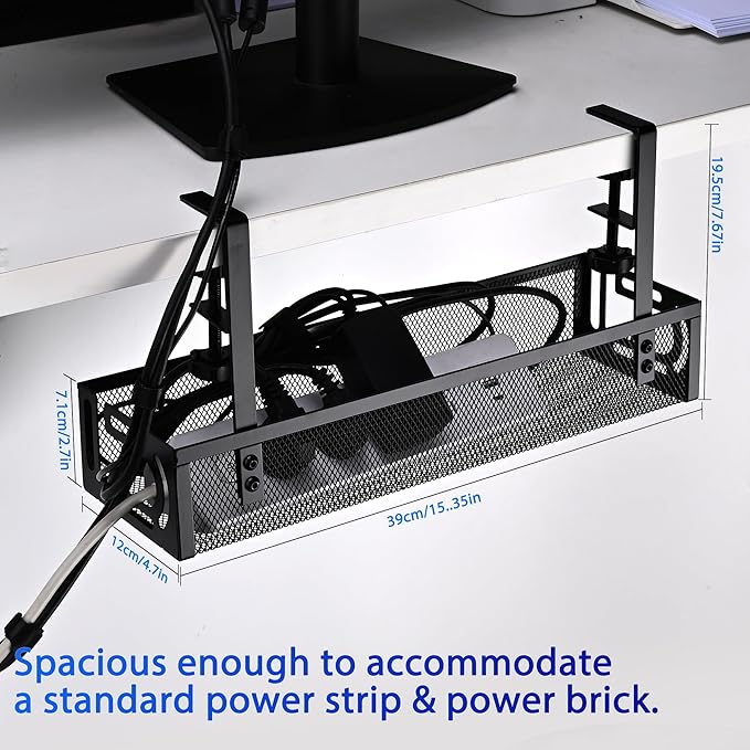 Under Desk Cable Management Tray with No Drill Installation, Power Strip Holder & Wire Organizer Storage Rack for Desk, Office, Home (L-Black)