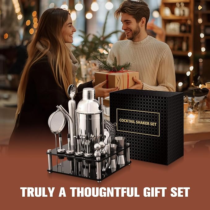 KINGROW Cocktail Shaker Set 29-Piece Bartender Kit with Rotating Stand | Bar Set Drink Mixer Set with All Essential Accessory Tools for Drink Mixing, Home, Bar, Party |Sliver