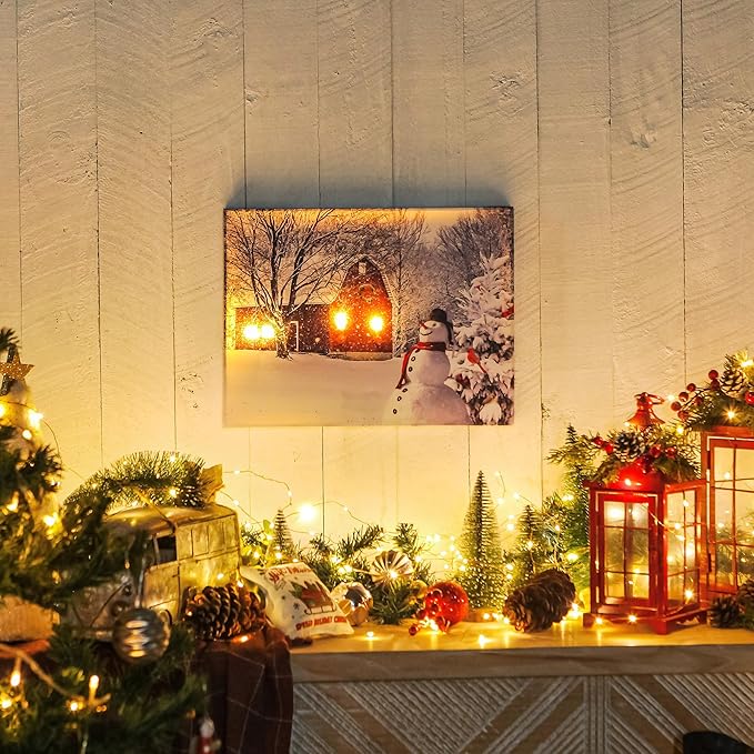 NIKKY HOME 16" x 12" Christmas LED Lighted Canvas Wall Art Prints Light Up Red Barn House Snowman and Christmas Tree Picture Winter Snow Scene for Holiday Decor