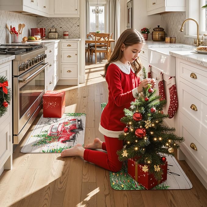 Christmas Truck Xmas Tree Kitchen Mat 2PCS, Cushioned Anti-Fatigue Non Skid Waterproof Kitchen Mats for Floor, Comfort Standing Mat Winter Decor for Office Desk Laundry, 17"x30"+17"x47"