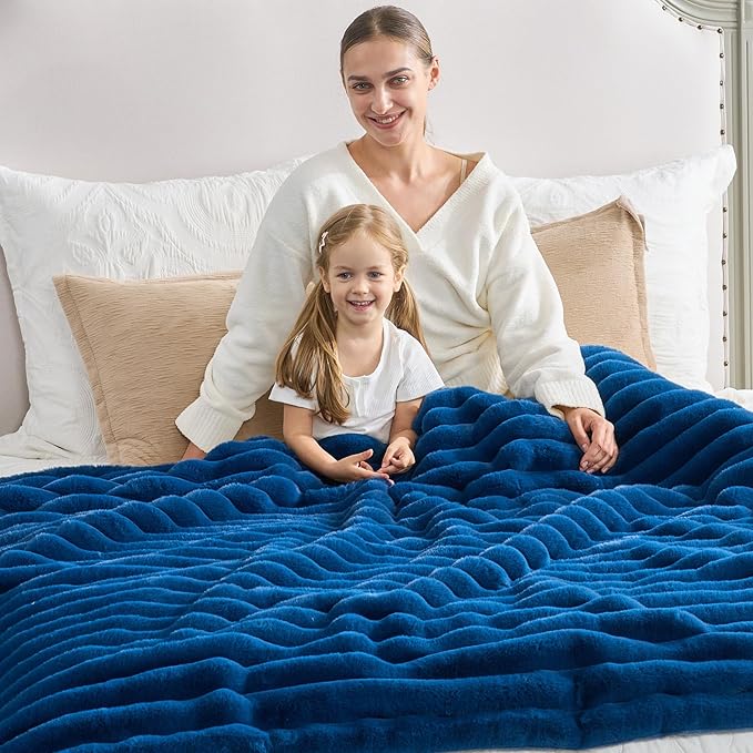 Cozy Bliss Faux Fur Throw Blanket for Couch, Cozy Warm Plush Striped Blanket for Sofa Bedroom Living Room, 90 * 90 Inches Navy Blue