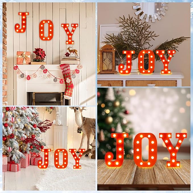 Christmas Table Decorations with LED Lights, Resin Joy Centerpiece for Holiday Party Home Table Decor Christmas Decorations