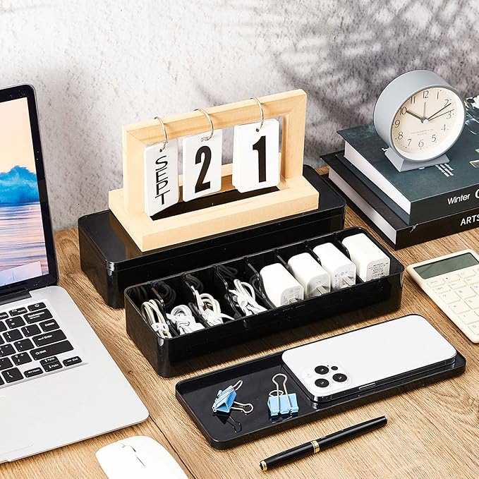 Tatuo 4 Pcs Cable Organizer Box with Wire Ties, Plastic Cord Storage Box with Lid, Electronics Organizer for Home Office Desk Organizers and Accessories (10.79'' X 3.78'' X 1.97'',Black)