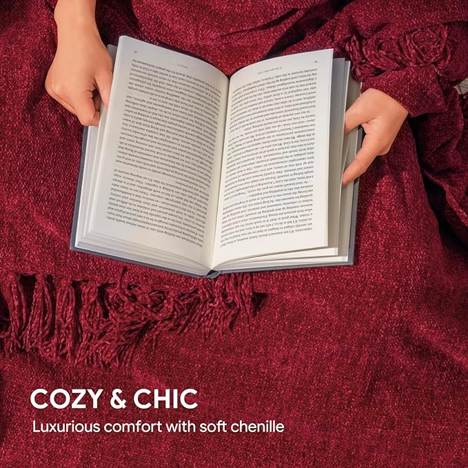 RECYCO Throw Blanket Soft Cozy Chenille Throw Blanket with Fringe Tassel for Couch Sofa Chair Bed Living Room (Christmas Red, 50'' x 60'')