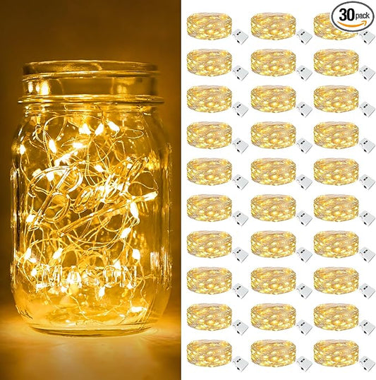 btfarm 30 Pack Fairy Lights Battery Operated [3 Modes], 7ft 20 Led Twinkle Lights String Lights Waterproof Bulk Small Mini Silver Wire for Christmas Mason Jars Wedding Table Centerpiece, Warm White