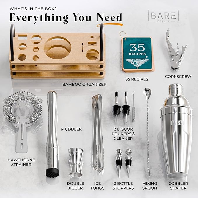 BARE BARREL® Mixology Bartender Kit Bar Set | 14-Piece Cocktail Shaker Set | Martini Barware Mixing Tools for Home Bartending | 35 Recipe Cards | Gift Set (24oz Cobbler Shaker, Silver/Natural)