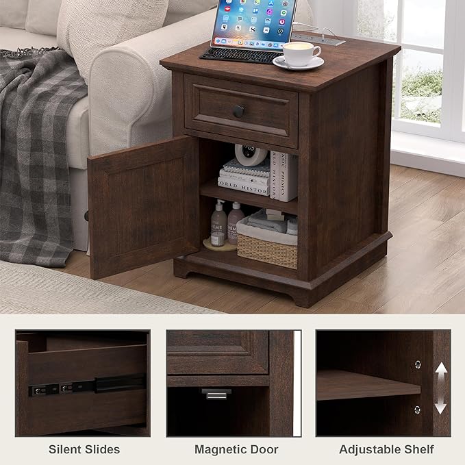 End Tables with Fast-Charge Sets, Side Tables with Drawers, Storage Side Tables Living Room, Adjustable Shelf, Bedroom Nightstands Set of 2, Cherry