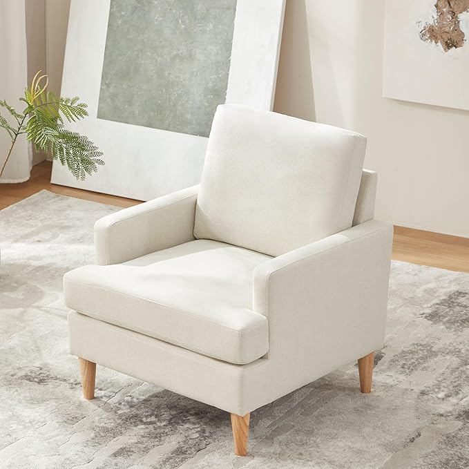 VKNOW Mid-Century Accent Chair, Modern Upholstered Chenille Armchair for Living Room,Comfy Reading Accent Chairs with Wood Legs for Bedroom, Beige Polyester