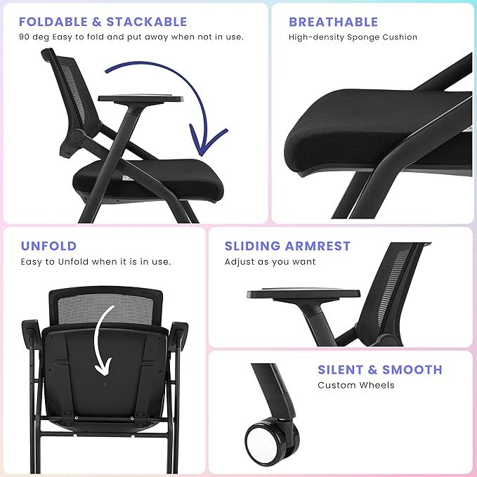 40 Pack Chairs Stackable Conference Room Chairs with Wheels and Paddle, Ergonomic Mesh Back and Arms for Home Office Desk Folding Chairs (20 Boxes)