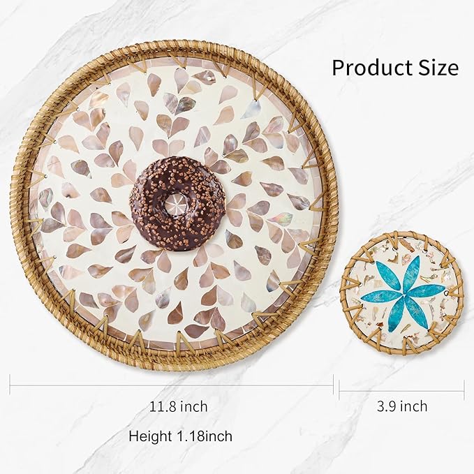 Round Rattan Serving Tray with Mother of Pearl Inlay & Coaster, Boho Wicker Basket, Decorative Coffee Table Tray for Table Decor, Storage and Display of Coffee Bread Fruit (Wicker)