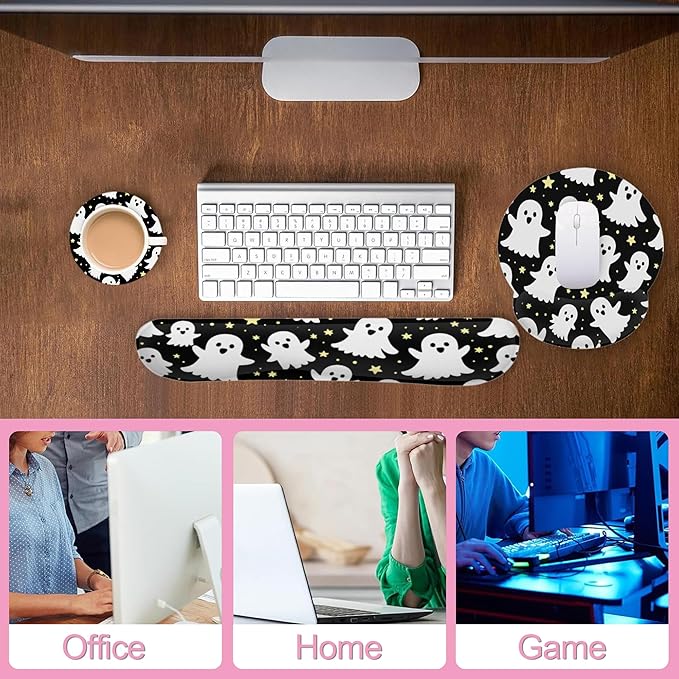 Halloween Ghosts Keyboard Wrist Rest Pad Mouse Pad Set,Ergonomic Mousepad Wrist Support Memory Foam Desk Pad for Gaming Office,Non-Slip Rubber Base Easy Typing for Home Office Computers