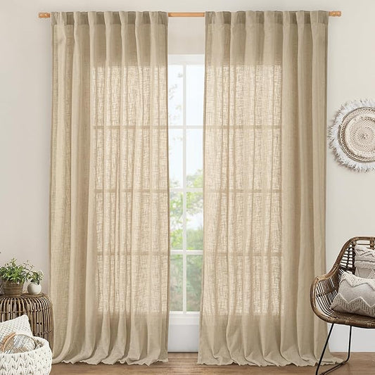 LAMIT 84 Inch Long Linen Curtains for Living Room 2 Panels Set, Light Filtering Semi Sheer Curtains Back Tab and Rod Pocket Neutral Panels for Bedroom, Brown, 60 x 84 Inch