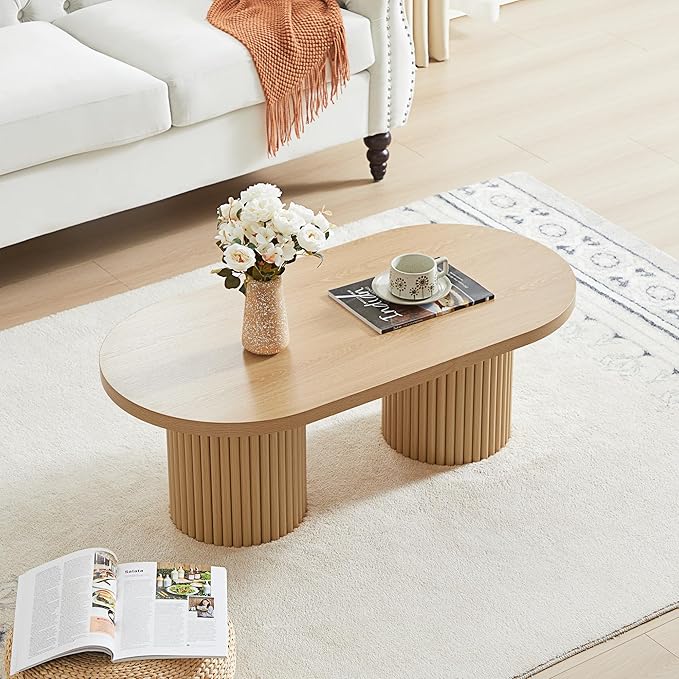 AVZEAR Fluted Oval Coffee Table for Living Room, Boho Modern Coffee Table with Fluted Legs, Curved Round Wood Center Table for Home, Small Spaces, Office, Natural Color(39.38" x 19.69" x 13.78")