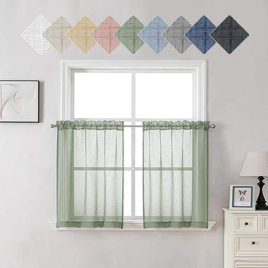 Aiyufeng Sheer Sage Green Kitchen Curtains 24 inch Length 2 PCS, Semi Sheer Linen Curtains for Bedroom, Faux Linen Textured Burlap Short Tier Farmhouse Cafe Curtains for Small Windows, 30Wx24L inch