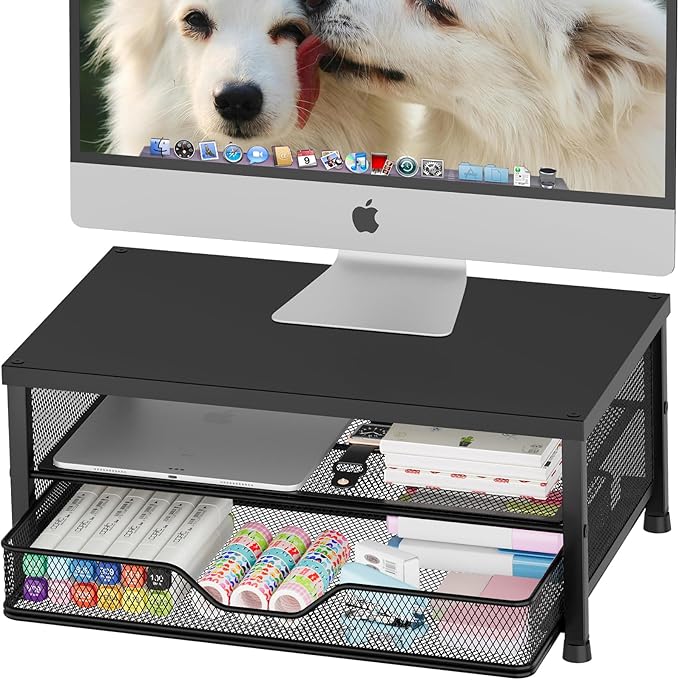 Desk Organizers and Accessories, 2-Tier Computer Monitor Stand Riser with Drawer, Laptop Stand, Office Desk Accessories, Workspace Desktop Organizer for Office Supplies, Black