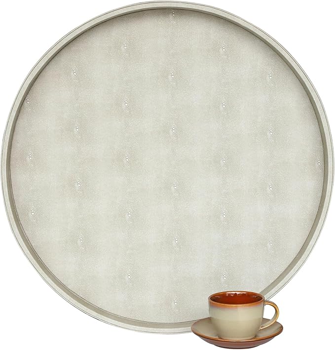 HofferRuffer Large Round Serving Tray 24'', Elegant Faux Leather Circle Ottoman Table Tray, Serve Tea Coffee Breakfast in Bedroom Living Room Kitchen (Cream White)