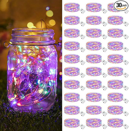 btfarm 30 Pack Fairy Lights Battery Operated [3 Modes], 7ft 20 Led Twinkle Lights String Lights Waterproof Bulk Small Mini Silver Wire for Mason Jars Vases Wedding Table Centerpiece, Multicolor