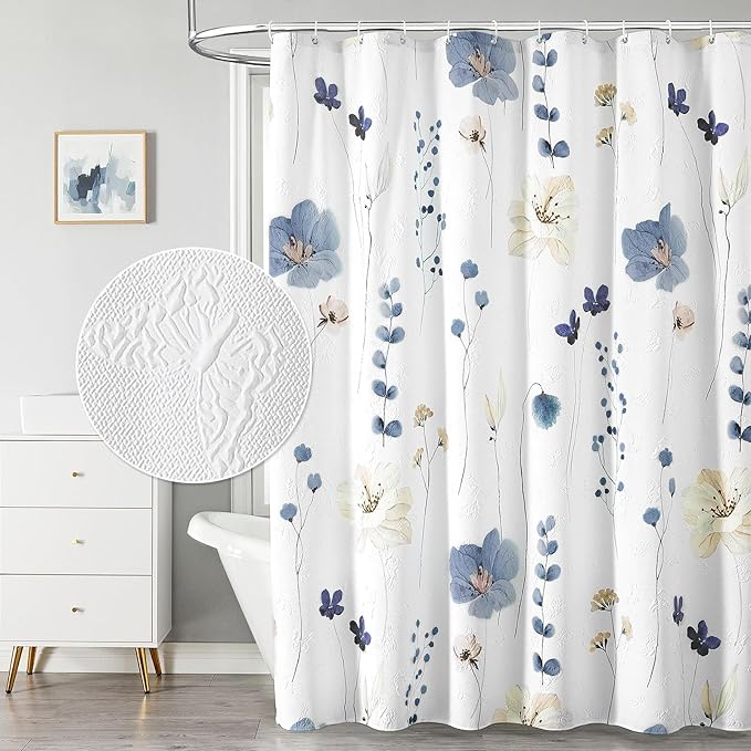 QiyI Extra Long Shower Curtain 72 x 84, Watercolor Floral Bath Curtain, 3D Embossed Butterflies Grey Flower Cloth Bathroom Curtains, Waterproof Fabric Farmhouse Textured Shower Curtain Set with Hooks