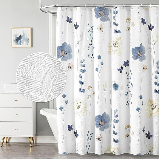 QiyI Extra Long Shower Curtain 72 x 84, Watercolor Floral Bath Curtain, 3D Embossed Butterflies Grey Flower Cloth Bathroom Curtains, Waterproof Fabric Farmhouse Textured Shower Curtain Set with Hooks