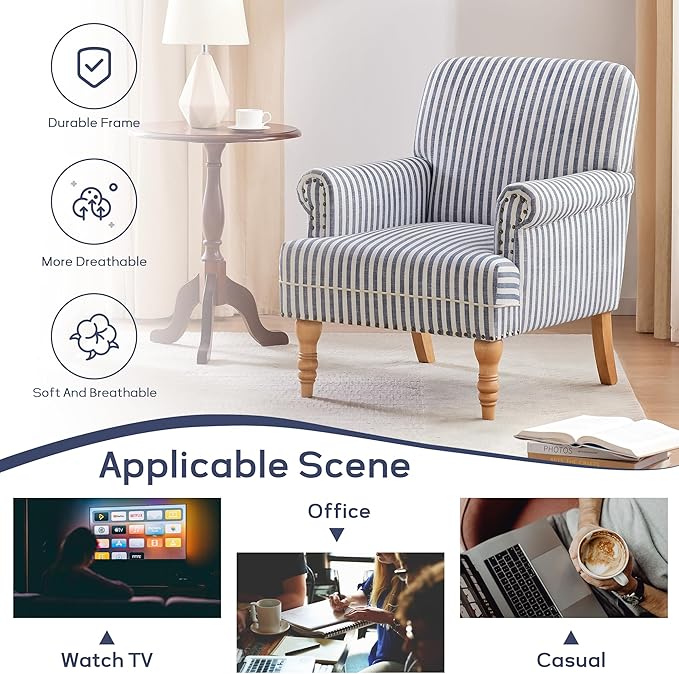 HUIMO Linen Fabric Accent Chair, Mid-Century Modern Armchair with Solid Wood Legs, Single Sofa Chair,Upholstered Reading Club Chair (1, Dark Blue and White Stripe)