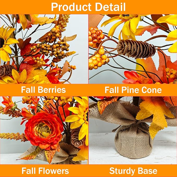19.6" Fall Table Tree Decor, Artificial Tabletop Fall Tree with Fall Leaves Stems Fall Orange Flowers Fall Decorations for Indoor Outdoor Home Autumn Thanksgiving Table Centerpieces