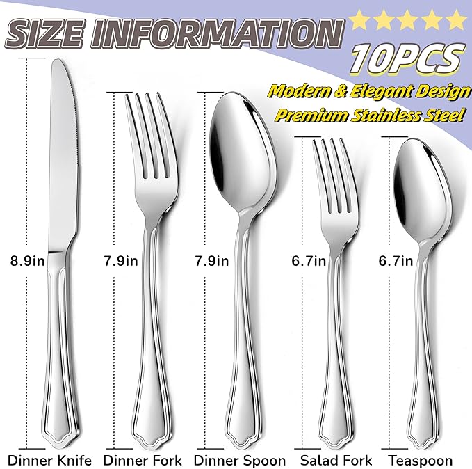 Herogo 10-Piece Silverware Set with Scalloped Edge, Stainless Steel Flatware Cutlery Set for 2, Modern Tableware Eating Utensils Set, Dishwasher Safe, Mirror Polished