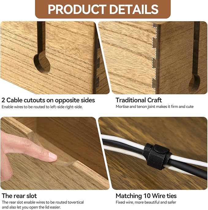 KIRIGEN Cable Management Box Wooden Cord Organizer Hide Power Strip Desk Wires Protector for Home Office TV Computer (DXH2T-DBR)