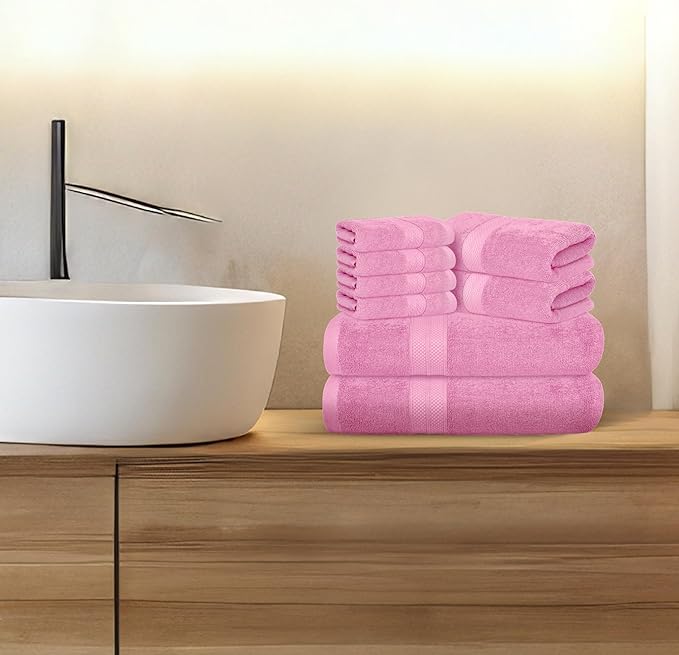 Avalon Towels Luxury 8 Piece Pink Towels Set, 2 Bath Towels, 2 Hand Towels and 4 Washcloths, 600 GSM 100% Ring Spun Cotton Highly Absorbent Pink Bathroom Towels, Ideal for Hotel, Spa and Gym