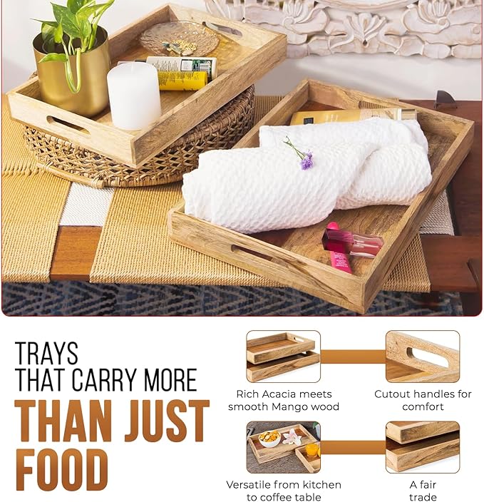 Mela Artisans Wooden Serving Tray Set of 2 with Handles | Mango Wood Ottoman Trays 15x10x1.75 & 13x9x1.75 | Decorative | Snack | Dessert | Bread | Coffee Table | Bedroom | Rectangular Edge Design