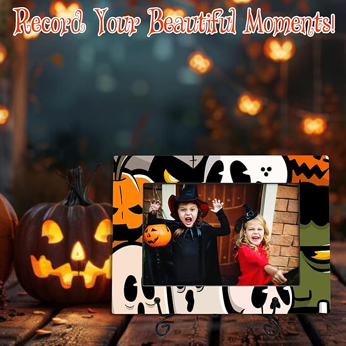 4X6 Halloween Picture Frame With A Metal Stand-Dark Style, Enchanted Pumpkin Ghost Wooden Photo Frame For Tabletop Display- Gifts for Kids Friends Family, Memorable Home Decorations- A28