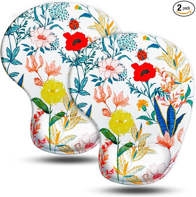 JIKIOU Mouse Pad, 2 Pack Ergonomic Mouse Pads with Comfortable Gel Wrist Rest Support and Smooth Cloth, Non-Slip PU Base for Easy Typing Pain Relief Durable and Easy to Clean Small White Flowers