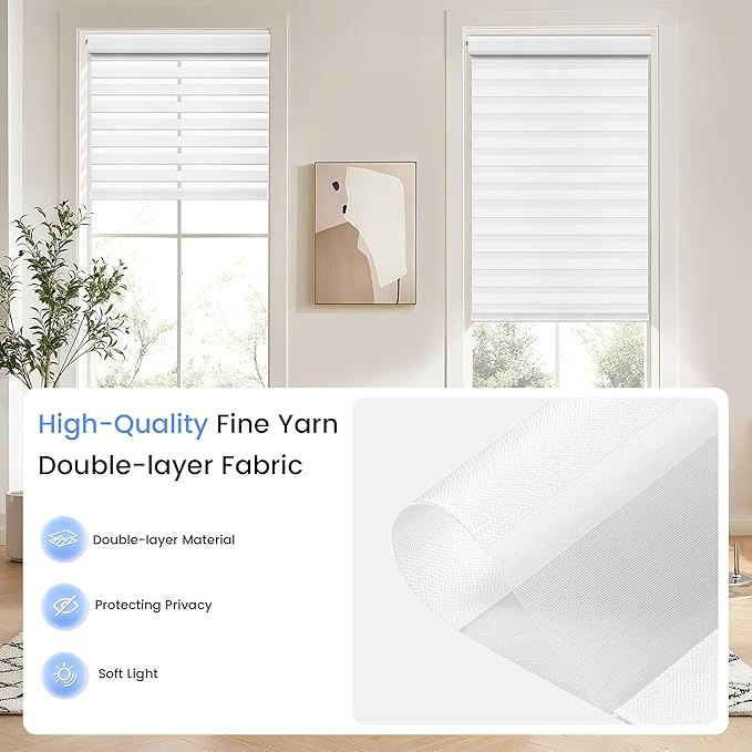 Grandekor No Drill Zebra Blinds for Windows,Cordless Zebra Shades Dual Layer, Pull Down Roller Shades Free-Stop,Custom Sizes,Textured White,Easy to Install for Home, Office, Bedroom